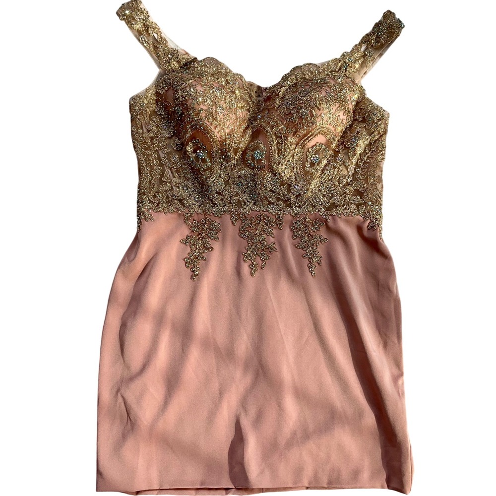 New Dancing Queen Pink Gold Lace Rhinestone Cocktail Dress XXL Prom Homecoming - Picture 11 of 16